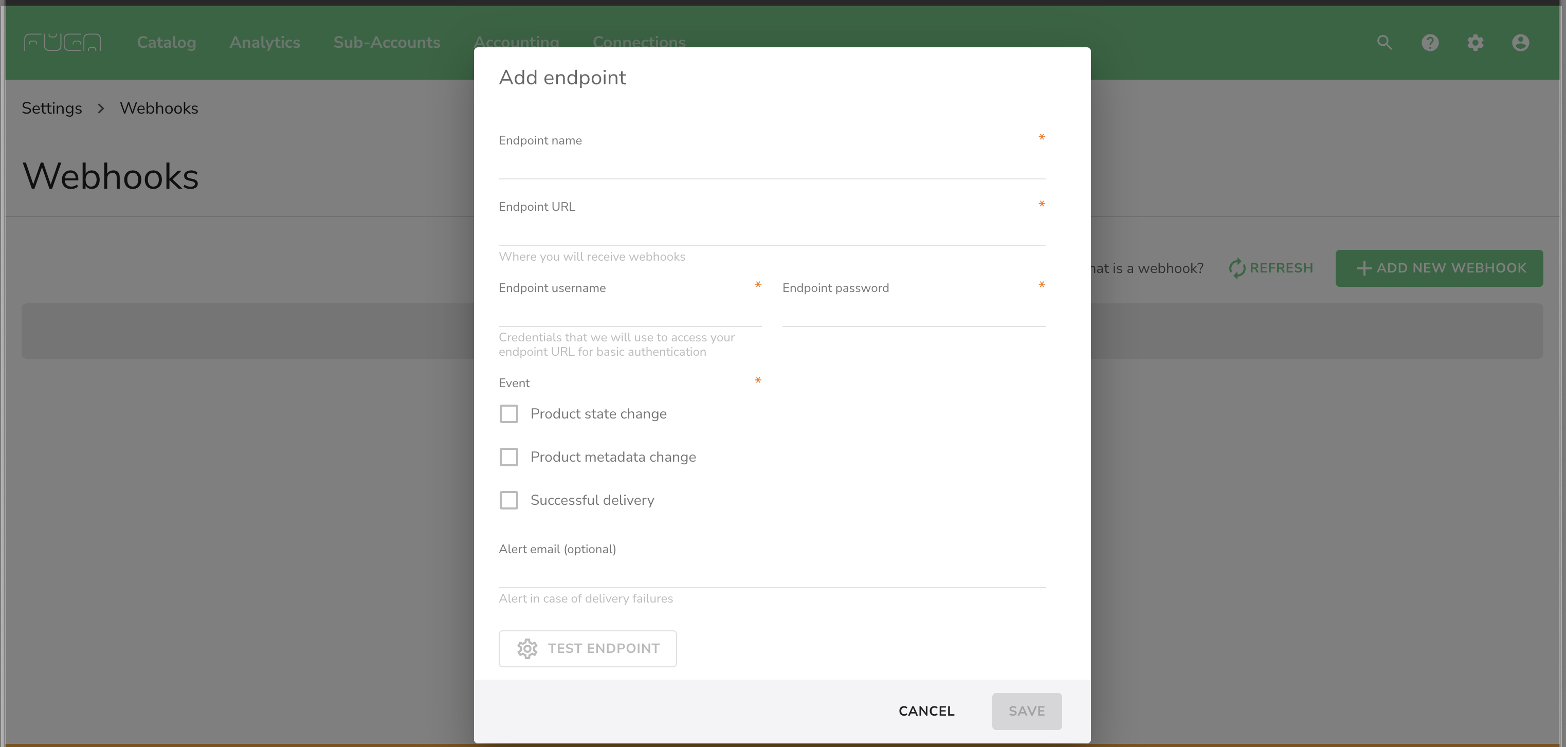 Webhooks Configuration Screen